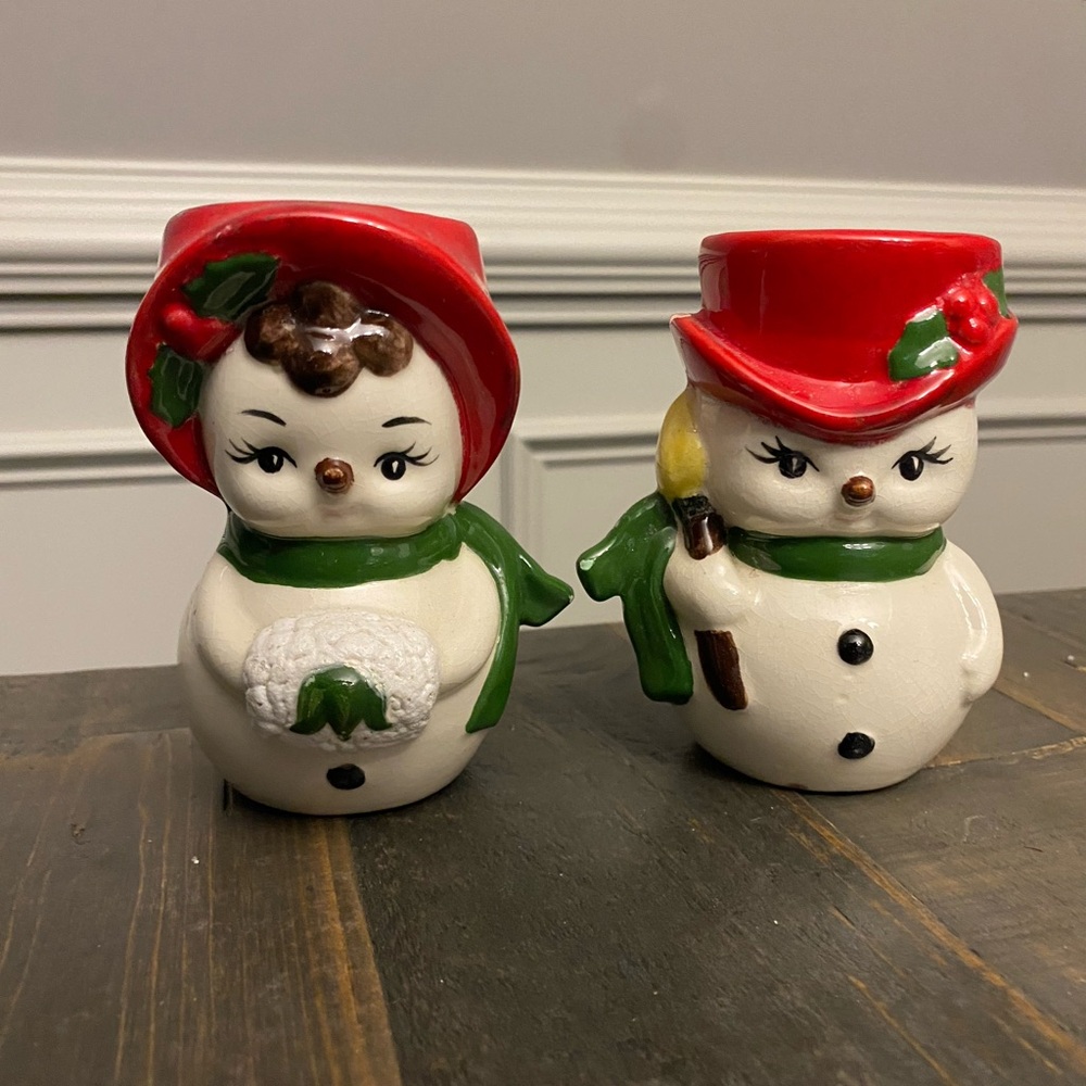 Vintage Christmas Tea light Candle Holder Snowman Snow lady Lefton